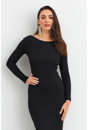 Kadın Siyah Sırt Dekolteli Kaşkorse Midi Elbise EY3029