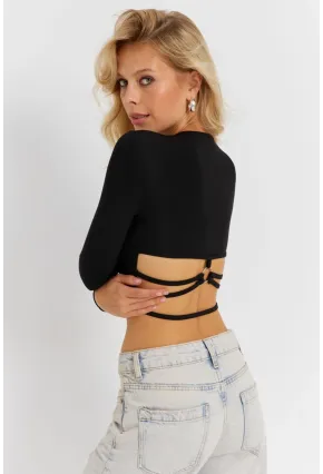 Kadın Siyah Sırt Detaylı Crop Bluz CG365