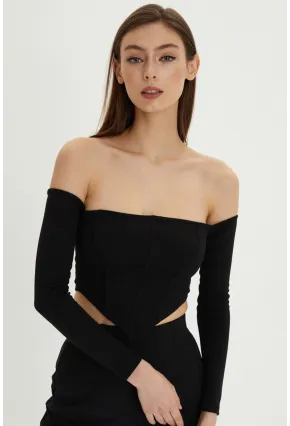 Kadın Siyah Sırt Fermuarlı Crop Bluz B518