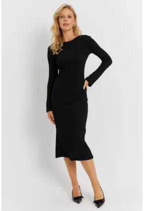 Kadın Siyah Sırt Pencereli Yırtmaçlı Kaşkorse Midi Elbise EY2874