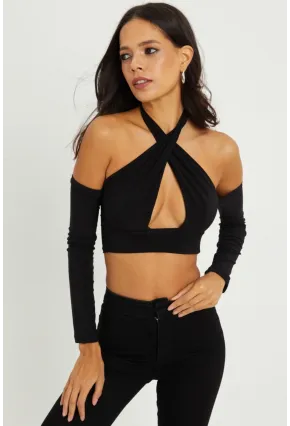 Kadın Siyah Sırtı Açık Crop Bluz B1729