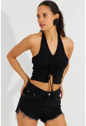 Kadın Siyah Sırtı Açık Crop Bluz B2697