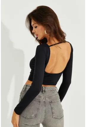 Kadın Siyah Sırtı Açık Crop Bluz CY430