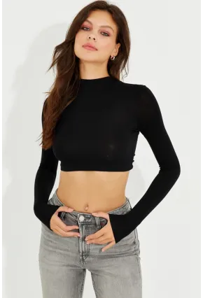 Kadın Siyah Sırtı Açık Crop Bluz LPP1232