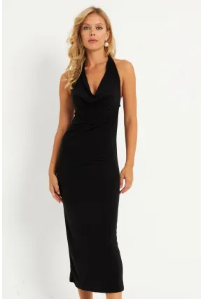 Kadın Siyah Sırtı Açık Degaje Midi Yılbaşı Elbise GÇ177