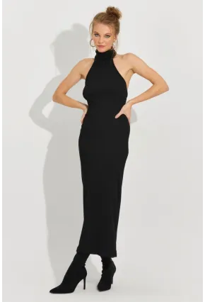 Kadın Siyah Sırtı Açık Kolsuz Kaşkorse Maxi Elbise EY2589