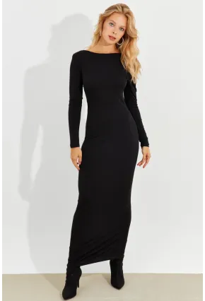 Kadın Siyah Sırtı Açık Maxi Elbise MEN2013