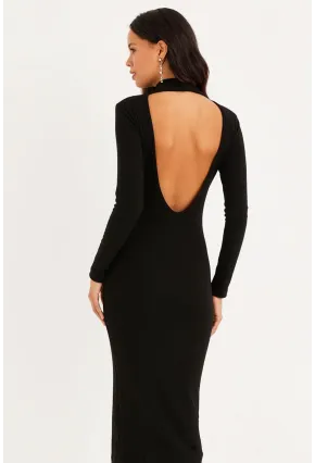 Kadın Siyah Sırtı Açık Midi Elbise EY1367
