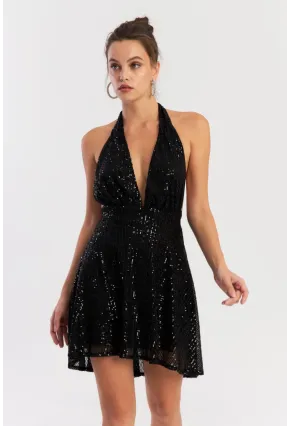 Kadın Siyah Sırtı Açık Payetli Astarlı Mini Elbise Dcf046