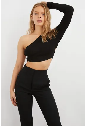 Kadın Siyah Sırtı Bantlı Tek Kol Crop Bluz B174-9