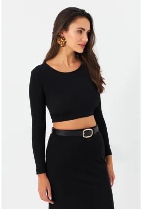 Kadın Siyah Sırtı Çapraz Kaşkorse Crop Bluz EY2975