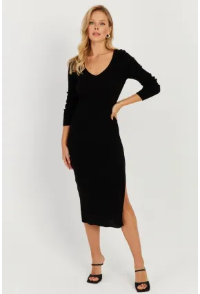 Kadın Siyah Sırtı Çapraz Triko Midi Elbise YZ407