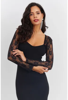 Kadın Siyah Sırtı Dantel Midi Elbise EY2485