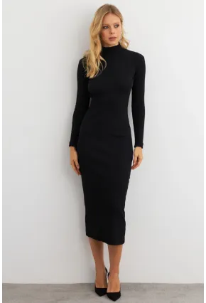 Kadın Siyah Sırtı Dekolteli Boğazlı Midi Elbise EY3012