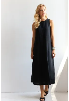 Kadın Siyah Sırtı Düğmeli Midi Keten Elbise DMR353