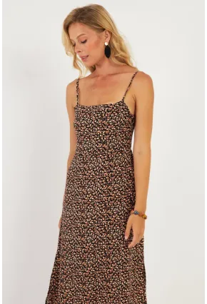 Kadın Siyah Sırtı Gipeli Desenli Midi Elbise MP427