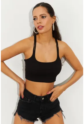 Kadın Siyah Sırtı Halkalı Kaşkorse Crop Bluz B2552