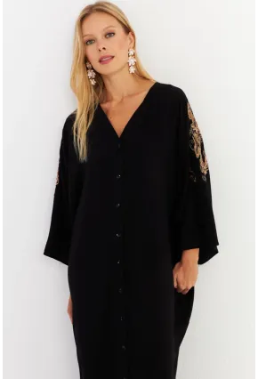 Kadın Siyah Sırtı Nakışlı Düğmeli Maxi Elbise MALO16