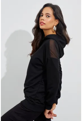 Kadın Siyah Sırtı Tül Kapüşonlu Sweatshirt EY1523