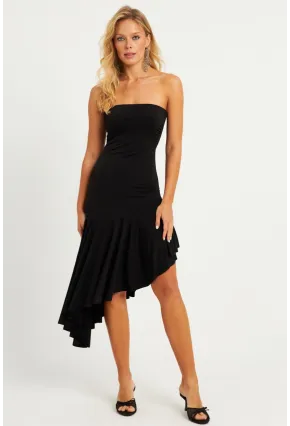 Kadın Siyah Straplez Asimetrik Midi Elbise DMR337