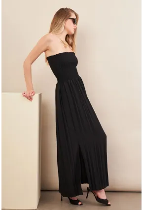Kadın Siyah Straplez Yaka Midi Elbise MSİ100