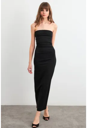 Kadın Siyah Straplez Yırtmaçlı Midi Elbise XC005