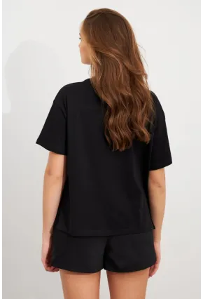 Kadın Siyah Straslı Oversize T-Shirt TPG13