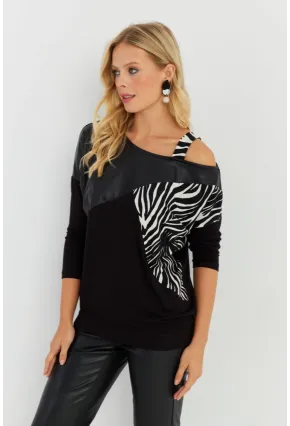 Kadın Siyah Suni Deri Bloklu Bluz ST828