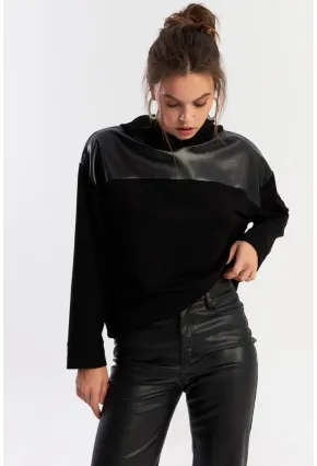 Kadın Siyah Suni Deri Bloklu Kapüşonlu Sweatshirt ST838