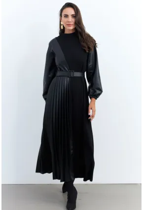 Kadın Siyah Suni Deri Bloklu Pilili Maxi Elbise MALZ100