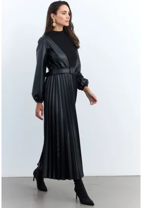 Kadın Siyah Suni Deri Bloklu Pilili Maxi Elbise MALZ100