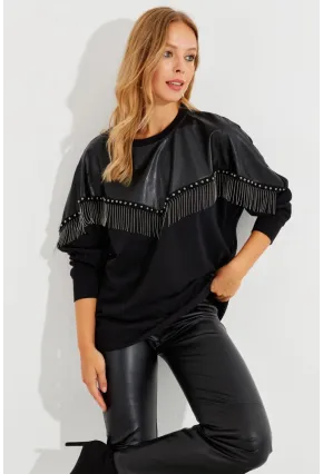 Kadın Siyah Suni Deri Bloklu Sweatshirt PKA806