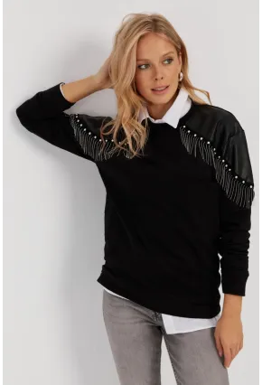 Kadın Siyah Suni Deri Bloklu Sweatshirt PKA807