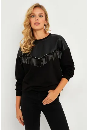 Kadın Siyah Suni Deri Bloklu Sweatshirt PKA808