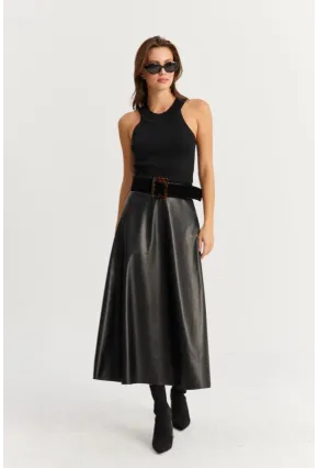 Kadın Siyah Suni Deri Çan Etek ELA113