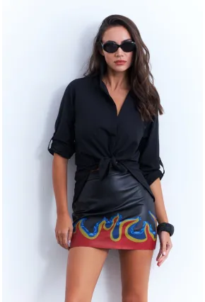 Kadın Siyah Suni Deri Desenli Mini Etek NH92