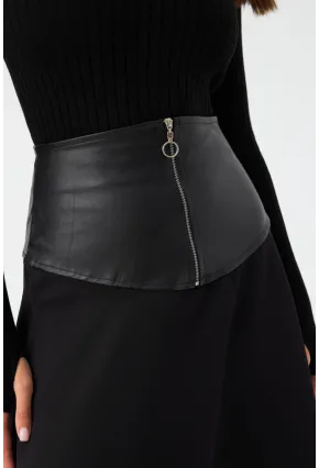 Kadın Siyah Suni Deri Detaylı Çan Etek MNH500