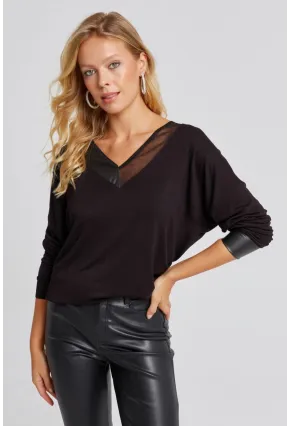 Kadın Siyah Suni Deri Detaylı Salaş Bluz ST827