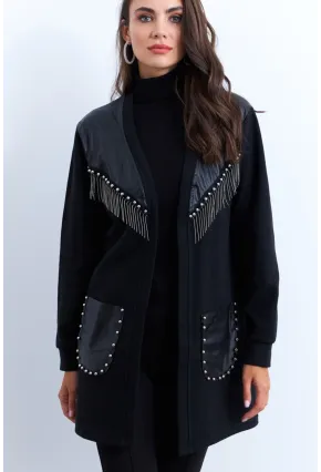 Kadın Siyah Suni Deri Detaylı Zımbalı Hırka MPK809