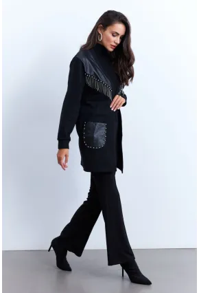 Kadın Siyah Suni Deri Detaylı Zımbalı Hırka MPK809