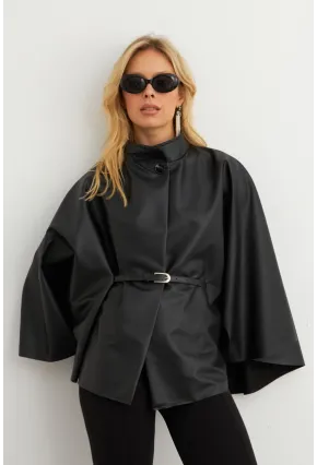 Kadın Siyah Suni Deri Kemerli Panço ELA3084-90