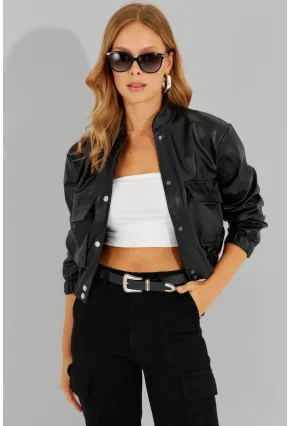 Kadın Siyah Suni Deri Kısa Bomber Ceket LST57