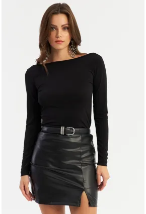 Kadın Siyah Suni Deri Mini Etek FRY2242