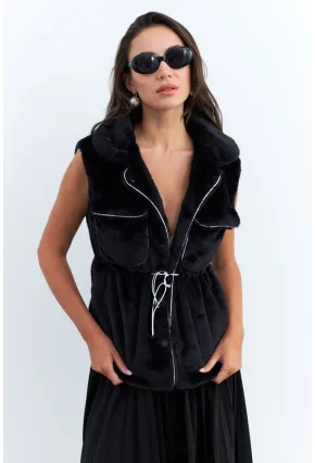 Kadın Siyah Suni Kürk Cepli Yelek MK66