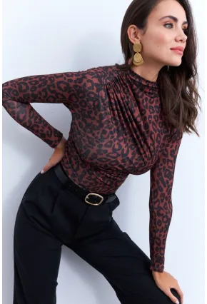 Kadın Siyah-Taba Desenli Büzgülü Bluz LPP1279