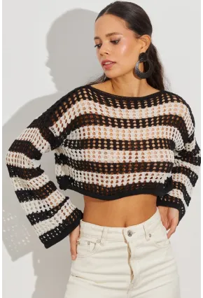 Kadın Siyah-Taş Ajurlu Crop Triko Bluz YV137