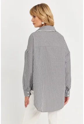 Kadın Siyah Taş Detaylı Çizgili Gömlek KED4088