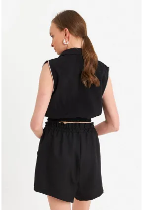 Kadın Siyah Taş Detaylı Crop Gömlek SUN200