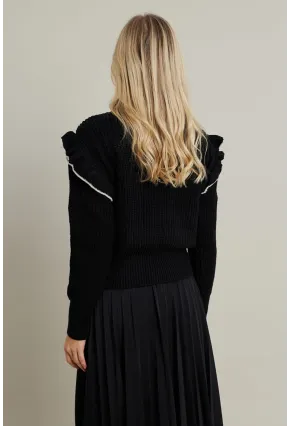 Kadın Siyah-Taş Fırfırlı Triko Bluz MQS1018