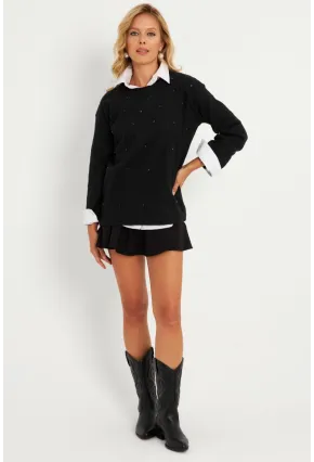 Kadın Siyah Taşlı Bluz YLE41